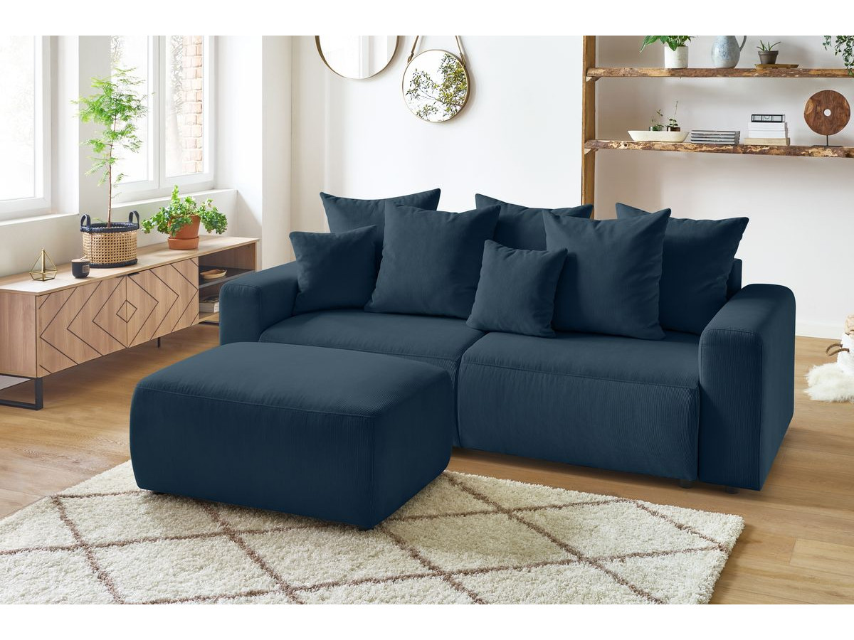 Bobochic Envy Schlafsofa 3-Sitzer mit Bettkasten und Pouf Cordsamt Dunkelblau
