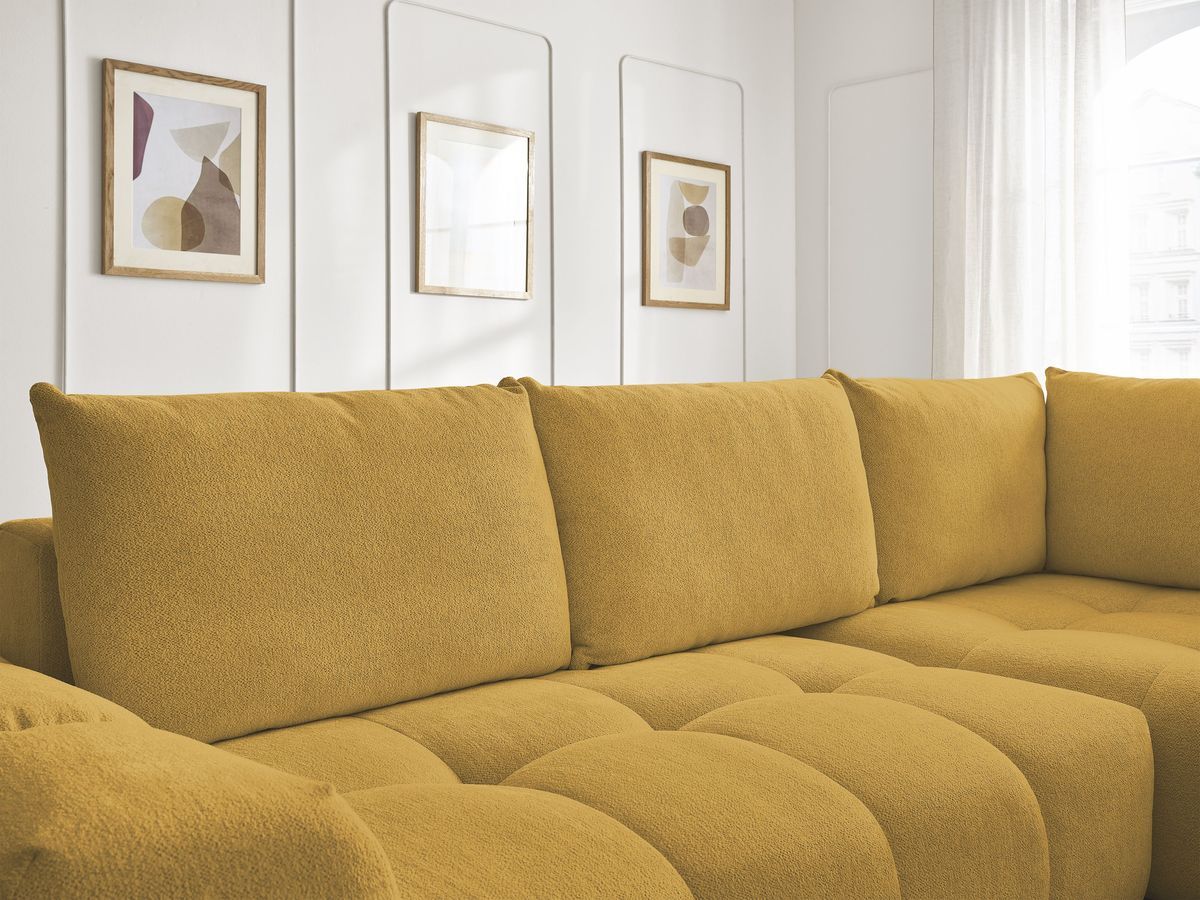Bobochic Everest Ecksofa mit Schlaffunktion und Bettkasten 320 × 212 cm, 5 Kissen Melange-Stoff Gelb Ecke rechts