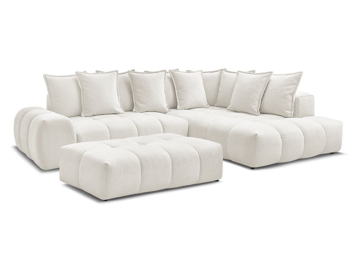 Bobochic Everest Ecksofa mit Schlaffunktion und Bettkasten und Pouf 320 × 212 cm, 10 Kissen Strukturstoff Weiß Ecke rechts