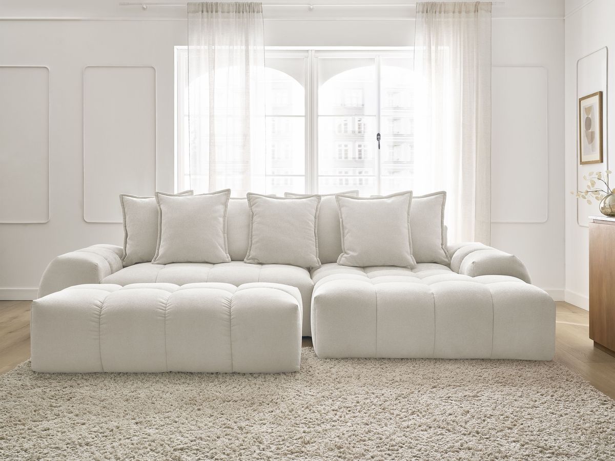 Bobochic Everest Ecksofa mit Schlaffunktion und Bettkasten und Pouf 318 × 180 cm, 7 Kissen Strukturstoff Weiß Ecke rechts