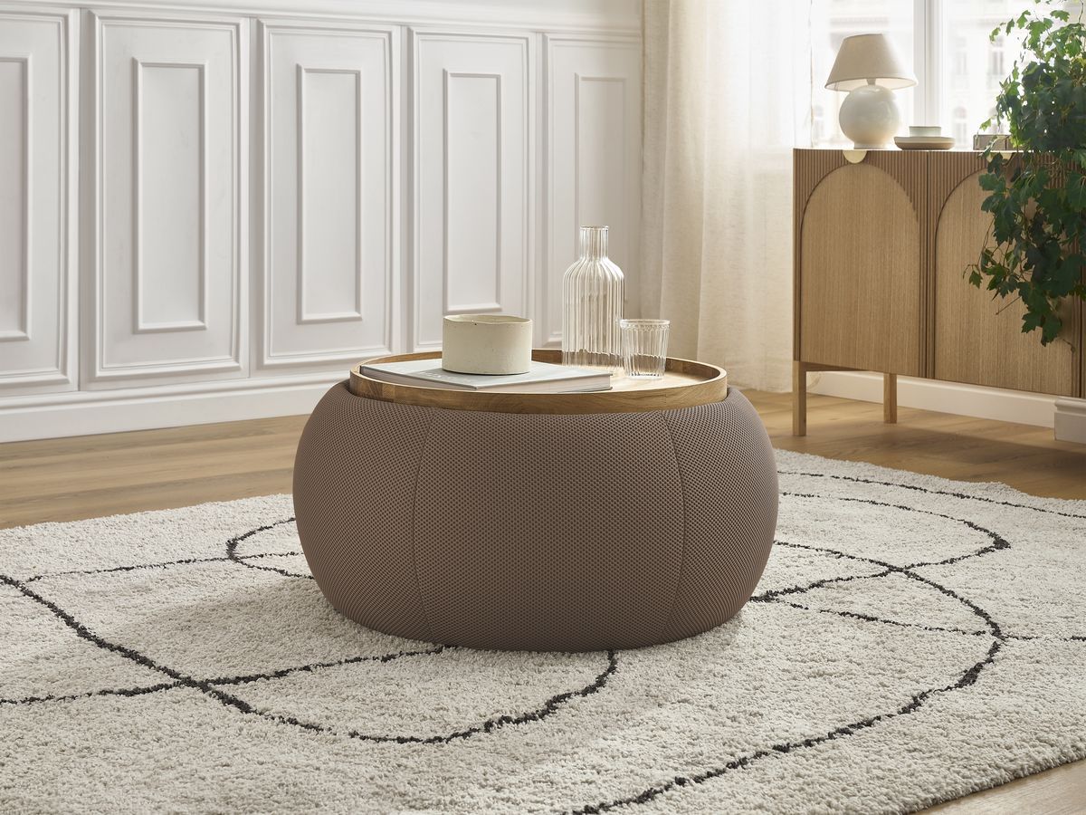 Bobochic Hayden Pouf mit Tablett, rund Mesh-Stoff Braun, 77 cm
