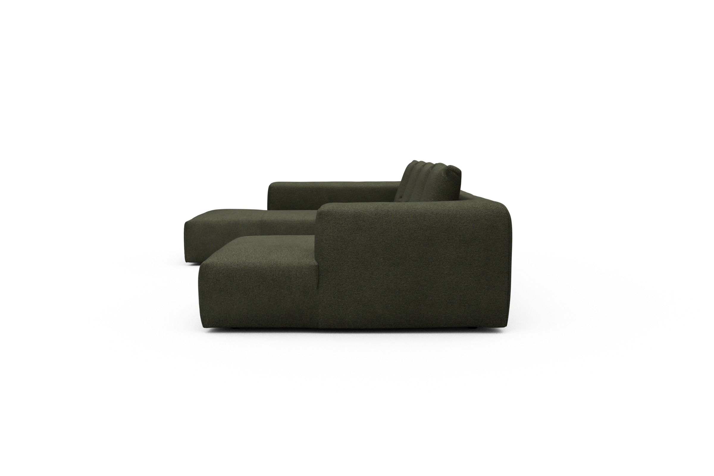 Wohnlandschaft Fred Relax-Ecke links mit 2-Sitzer und Chaiselongue rechts Boucle Skandi 535-Forest-Green