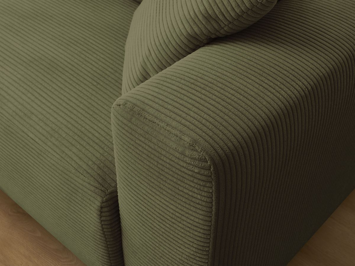 Bobochic Atilla Ecksofa mit Schlaffunktion und Bettkasten und Pouf Cordsamt Hellgrün Ecke links