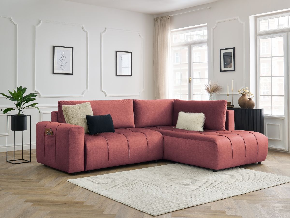 Bobochic Arsene Ecksofa mit Schlaffunktion und Bettkasten 277 × 200 cm Samt Orange Ecke rechts