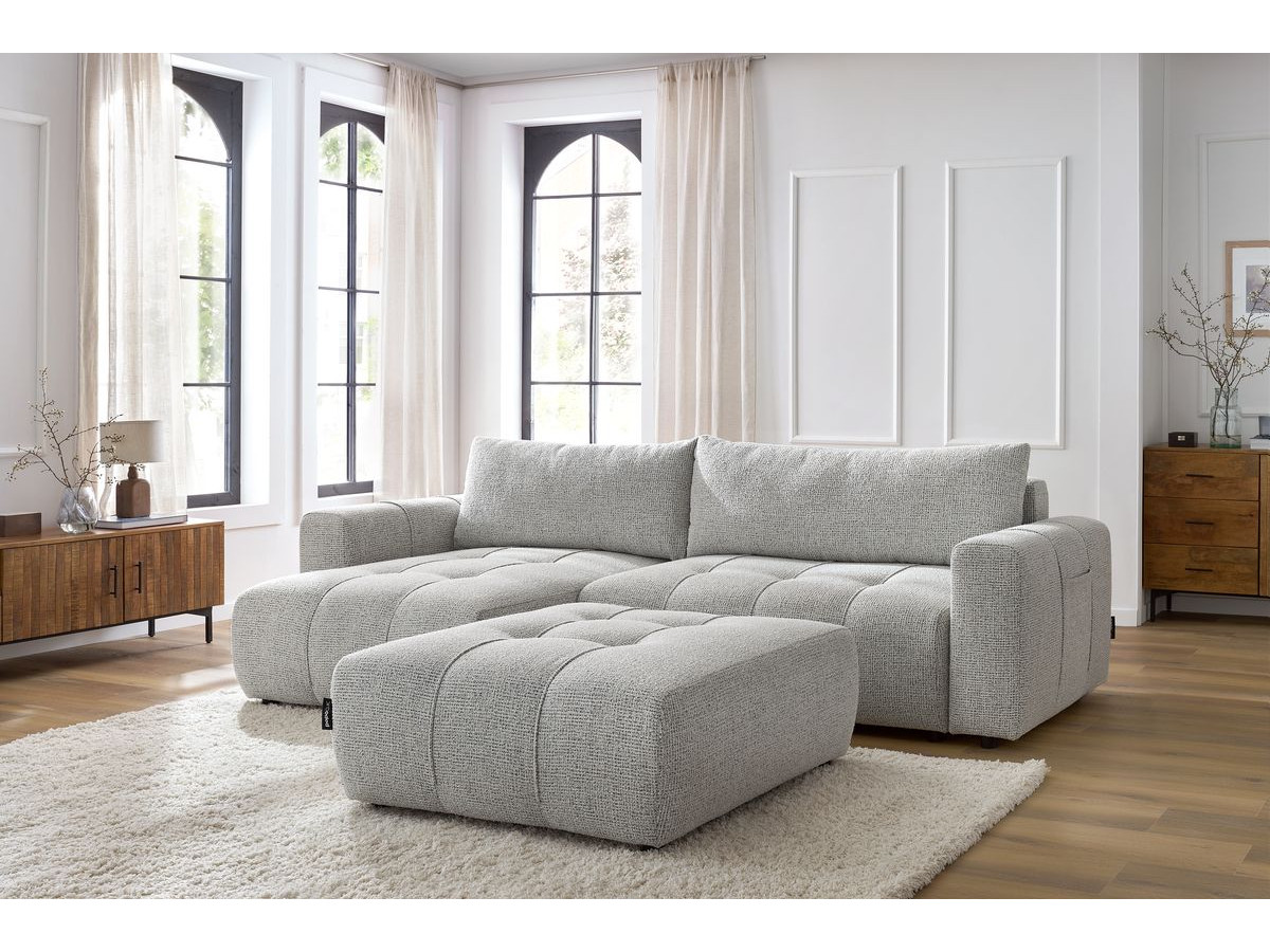 Bobochic Arsene Ecksofa mit Schlaffunktion und Bettkasten und Pouf 288 × 148 cm Melange-Stoff Hellgrau