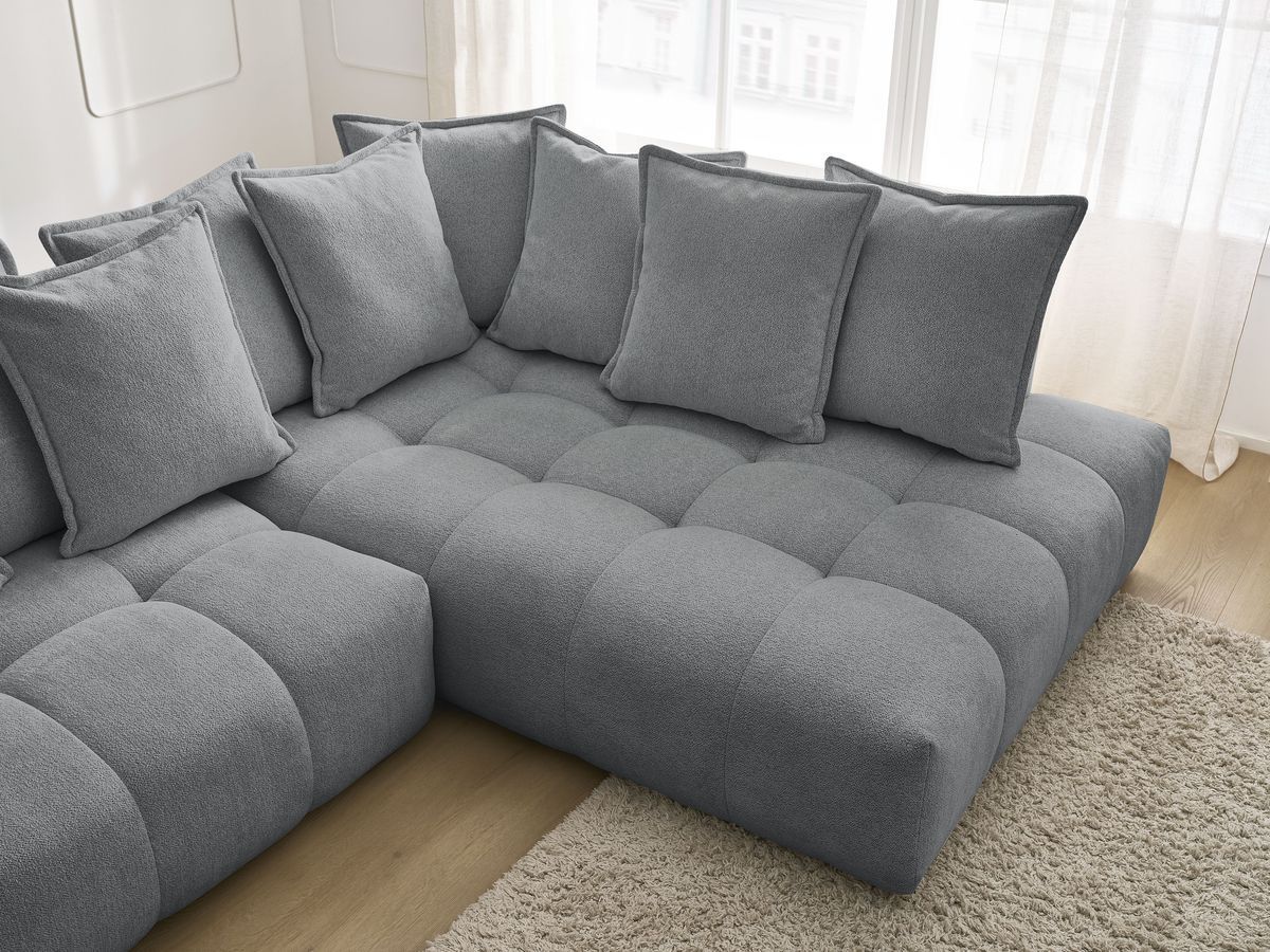 Bobochic Everest Ecksofa mit Schlaffunktion und Bettkasten 320 × 212 cm, 10 Kissen Melange-Stoff Dunkelgrau Ecke rechts