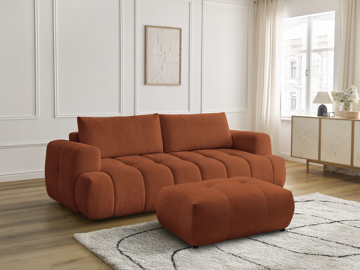 Bobochic Fuji Schlafsofa 3-Sitzer mit Bettkasten und Pouf Stoff Orange