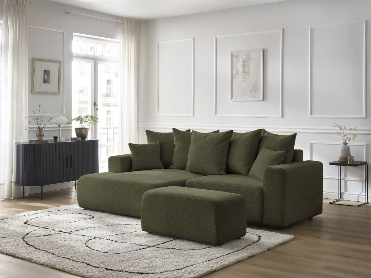Bobochic Atilla Ecksofa mit Schlaffunktion und Bettkasten und Pouf Melange-Stoff Grün Ecke links