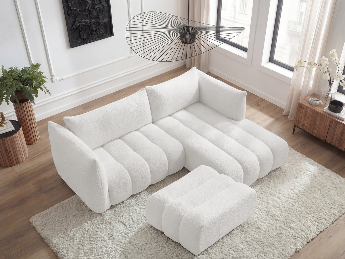 Bobochic Azra Ecksofa mit Pouf 262 × 178 cm Bouclé-Stoff Weiß Ecke rechts