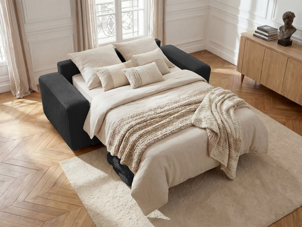 Bobochic Ibiza Schlafsofa 3-Sitzer Cordsamt Schwarz, Liegefläche 160 × 196 cm