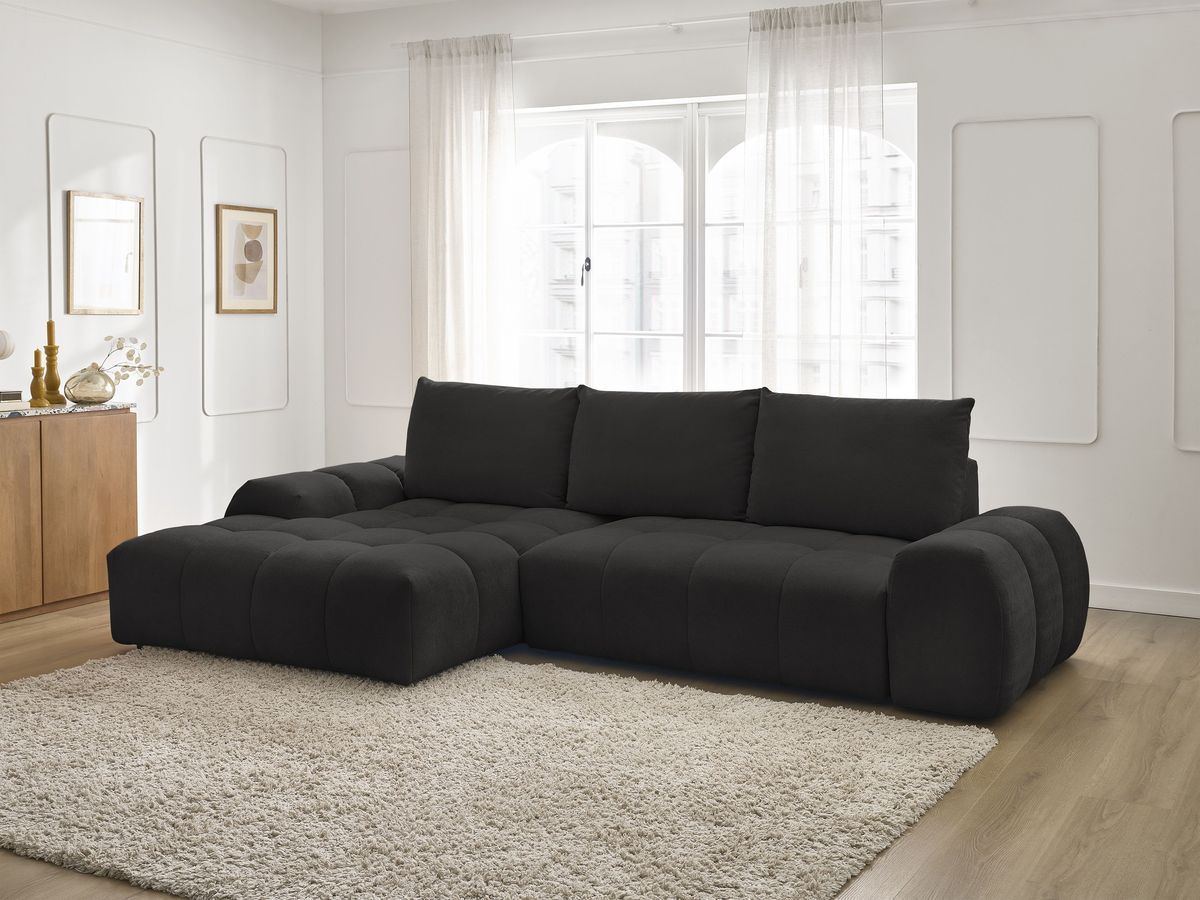 Bobochic Everest Ecksofa mit Schlaffunktion und Bettkasten 318 × 180 cm, 3 Kissen Strukturstoff Schwarz Ecke links