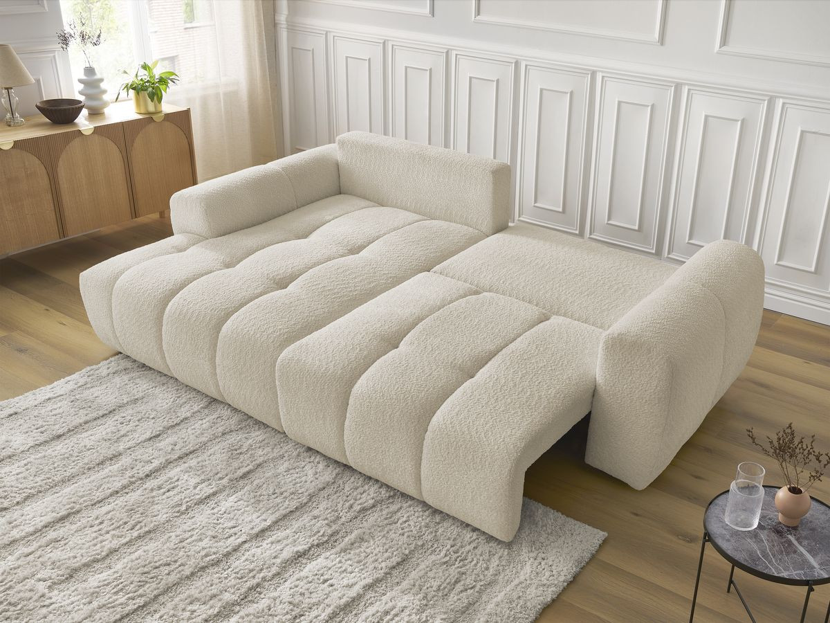 Bobochic Roxelane Ecksofa mit Schlaffunktion und Bettkasten 258 × 150 cm Bouclé-Stoff Beige Ecke links