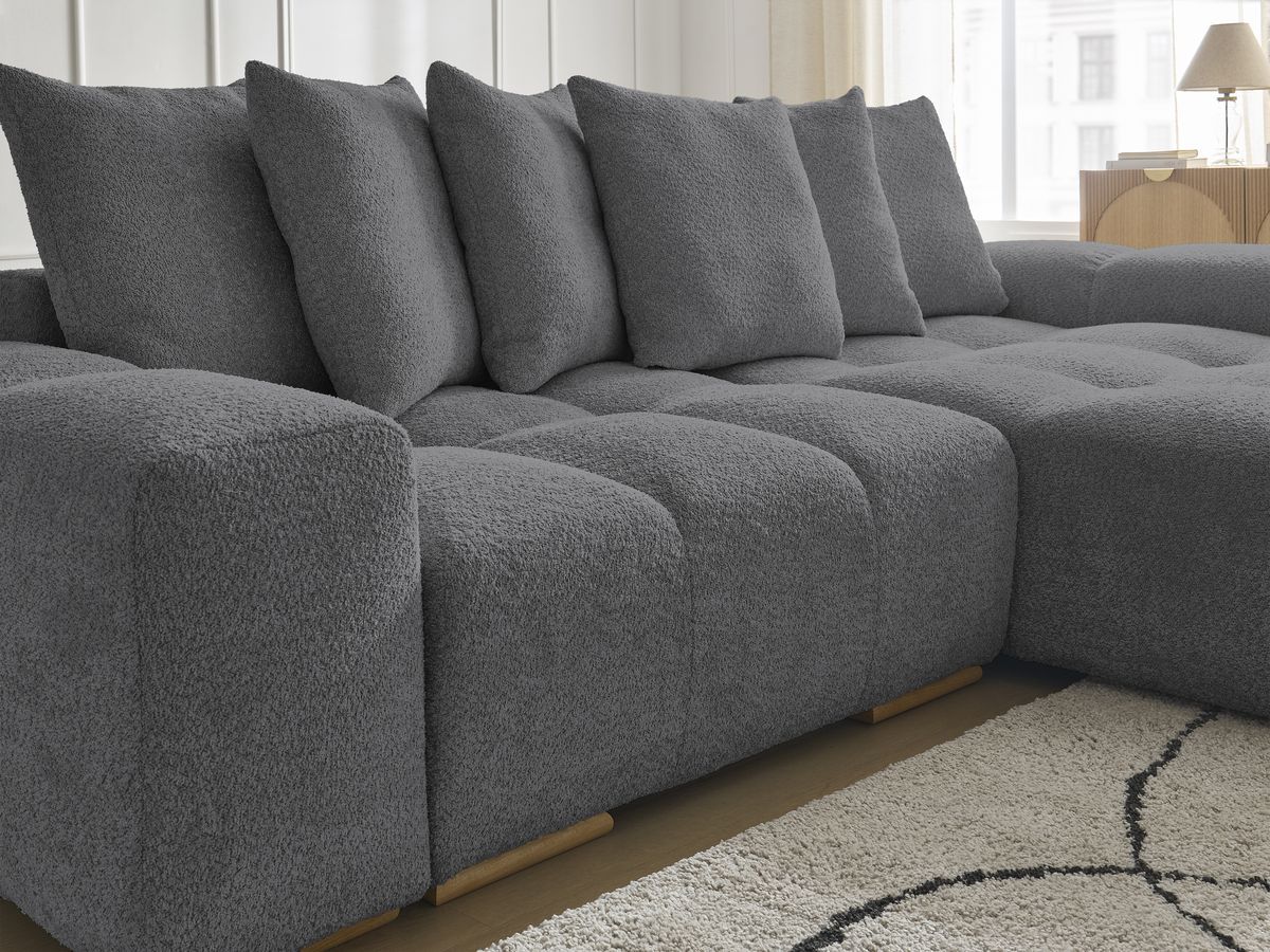 Bobochic Anakin Ecksofa, 6 Kissen Bouclé-Stoff Dunkelgrau