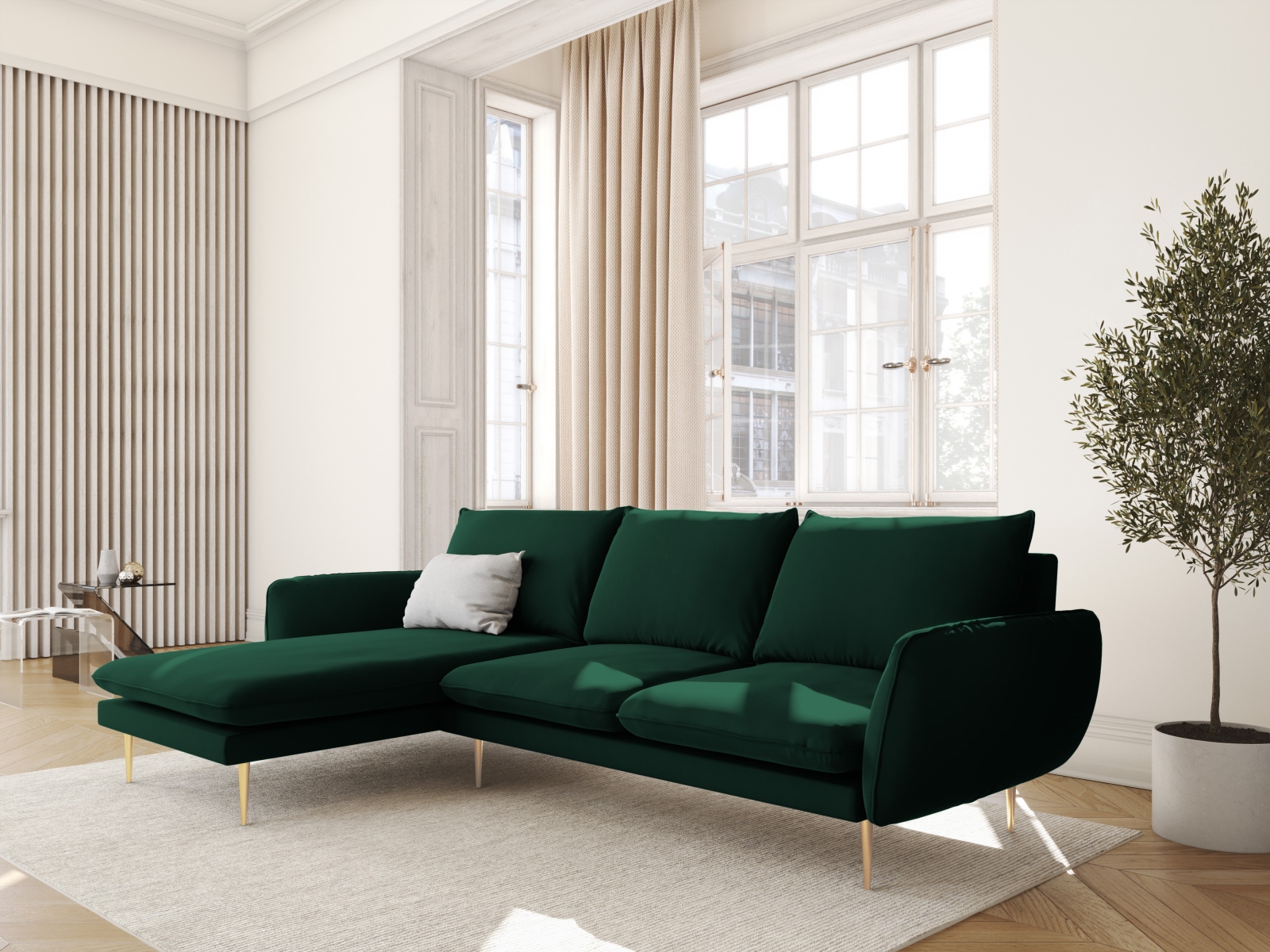 Cosmopolitan Design Ecksofa Vienna 5-Sitzer Samt Bluvel Flaschengrün Links Beine Gold