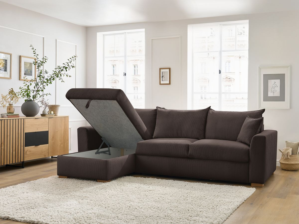 Bobochic Augustin Ecksofa mit Schlaffunktion und Bettkasten Cordsamt Braun, Liegefläche 160 × 200 cm