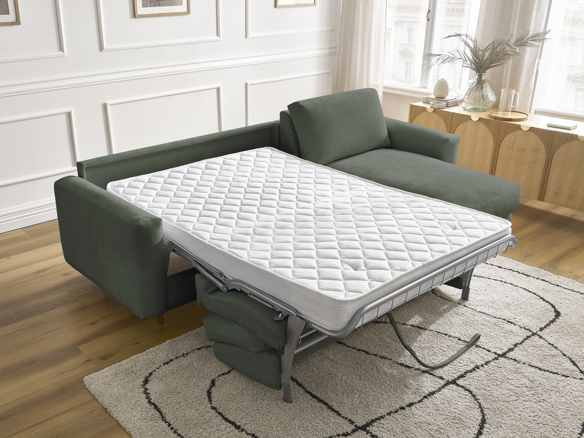 Bobochic Cocoone Ecksofa mit Schlaffunktion und Bettkasten Stoff Grün, Liegefläche 160 × 200 cm