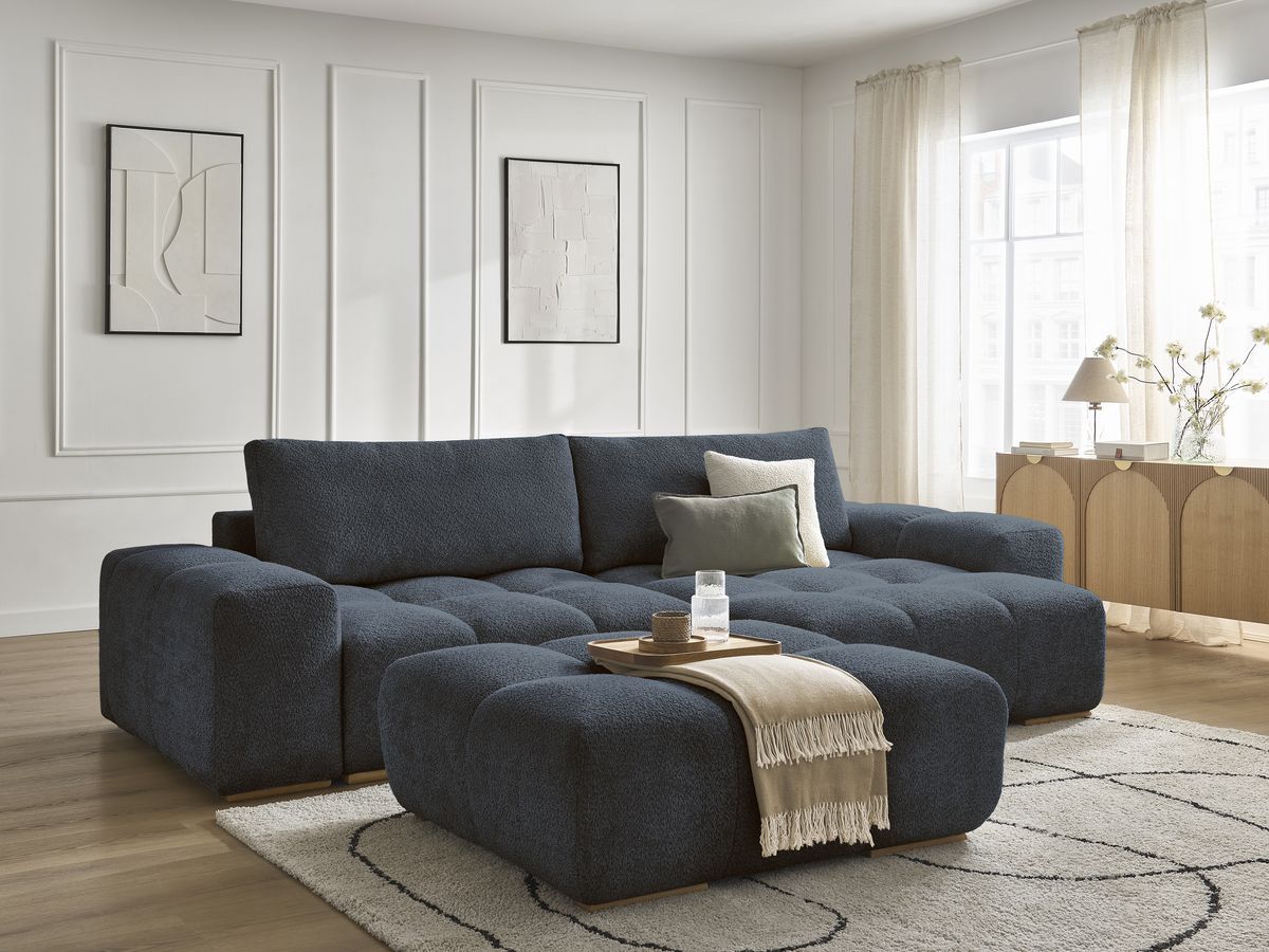 Bobochic Anakin Ecksofa mit Schlaffunktion und Bettkasten und Pouf, 2 Kissen Bouclé-Stoff Dunkelblau