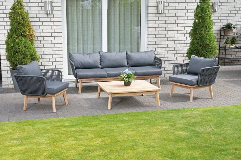 Lounge Gruppe Bridgeport Polyrope dunkelgrau / Gartenmöbelstoff dunkelgrau Akazienholz / Aluminium 1xSofa203x77x44 cm2xSessel 67X77x67 cm1xTisch 100x100x32 cm moebelfaktor