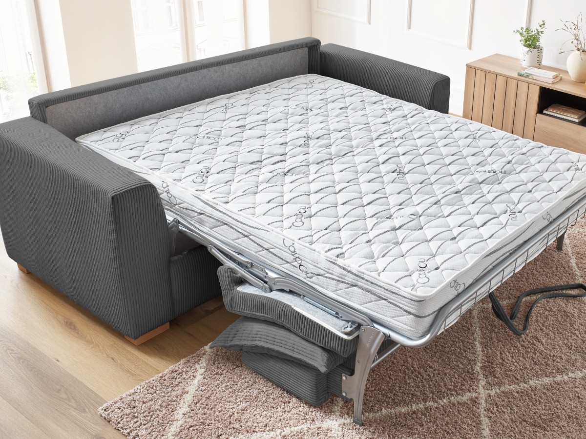 Bobochic Augustin Schlafsofa 3-Sitzer Cordsamt Dunkelgrau, Liegefläche 140 × 200 cm