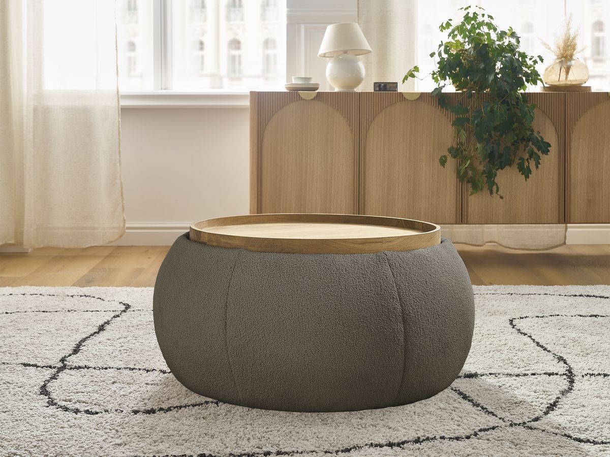 Bobochic Hayden Pouf mit Tablett, rund Bouclé-Stoff Braun, 77 cm