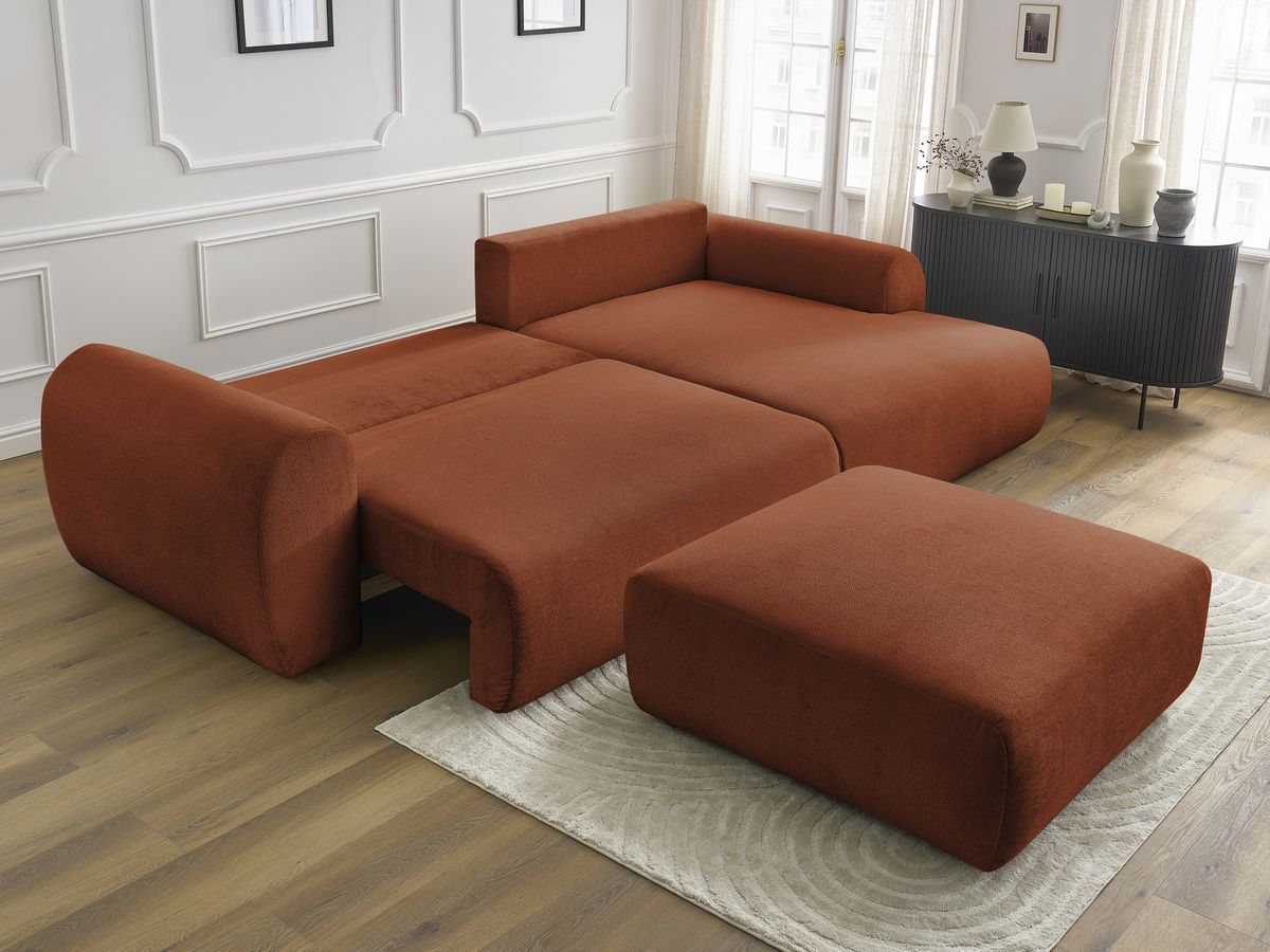 Bobochic Lucien Ecksofa mit Schlaffunktion und Bettkasten und Pouf 314 × 167 cm Stoff Orange Ecke rechts