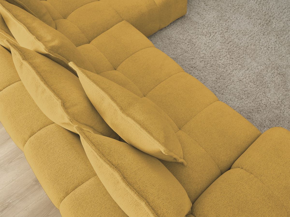 Bobochic Everest Ecksofa mit Schlaffunktion und Bettkasten 318 × 180 cm, 7 Kissen Melange-Stoff Gelb Ecke rechts