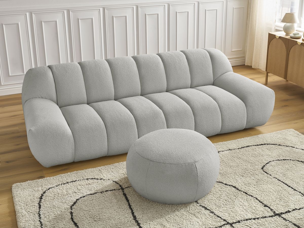 Bobochic Hayden Sofa 4-Sitzer mit Pouf Bouclé-Stoff Hellgrau