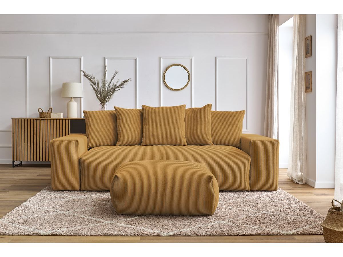 Bobochic Voltaire Schlafsofa 4-Sitzer mit Bettkasten und Pouf Cordsamt Gelb