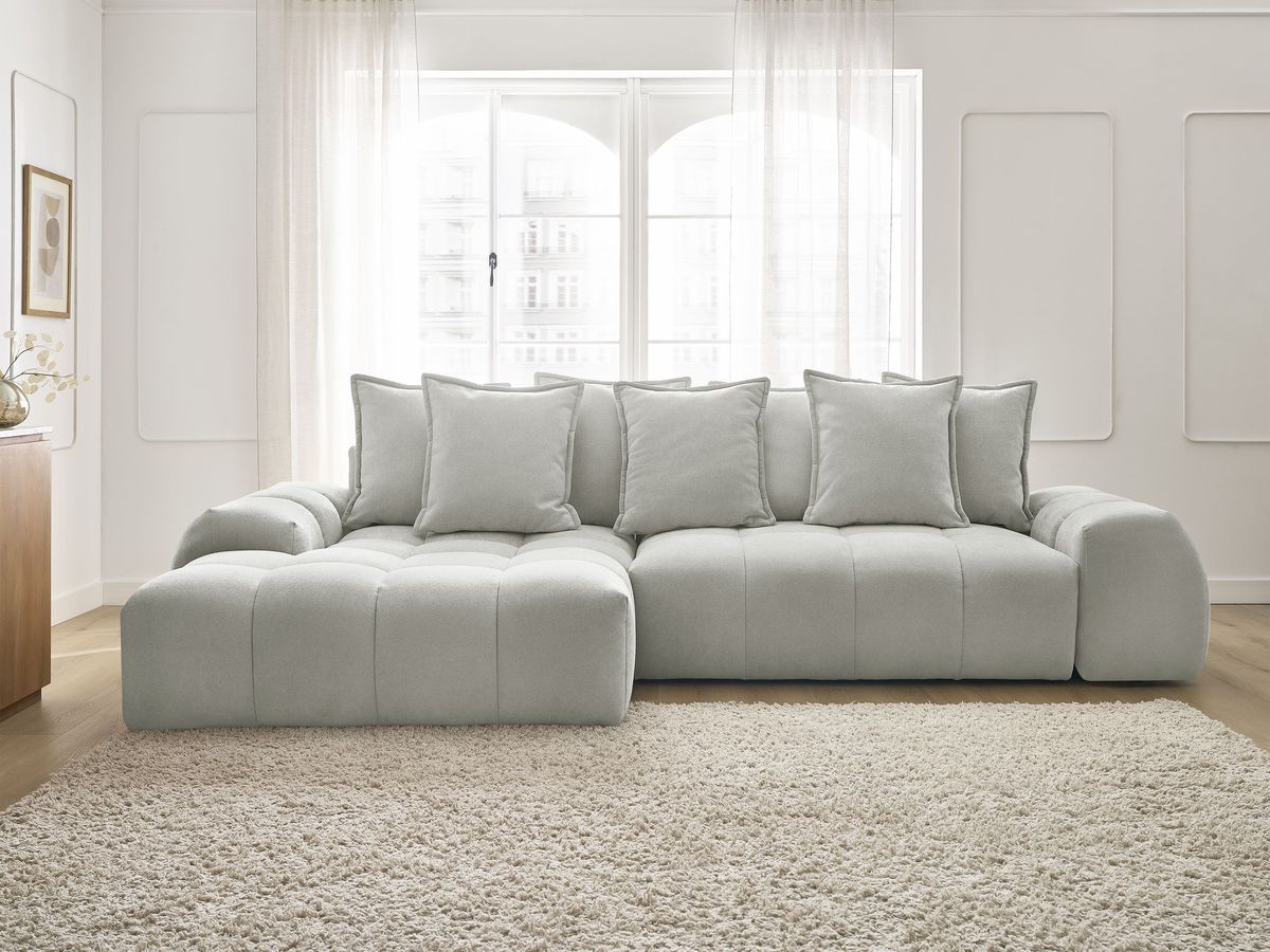 Bobochic Everest Ecksofa mit Schlaffunktion und Bettkasten 318 × 180 cm, 7 Kissen Strukturstoff Hellgrau Ecke links