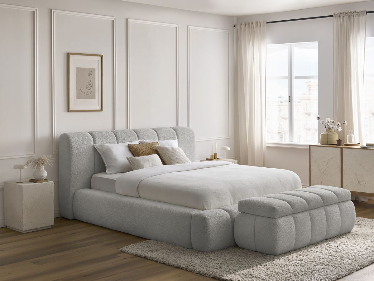 Bobochic Denali Polsterbett mit Bettkasten mit Bettbank Bouclé-Stoff Hellgrau, Liegefläche 160 × 200 cm