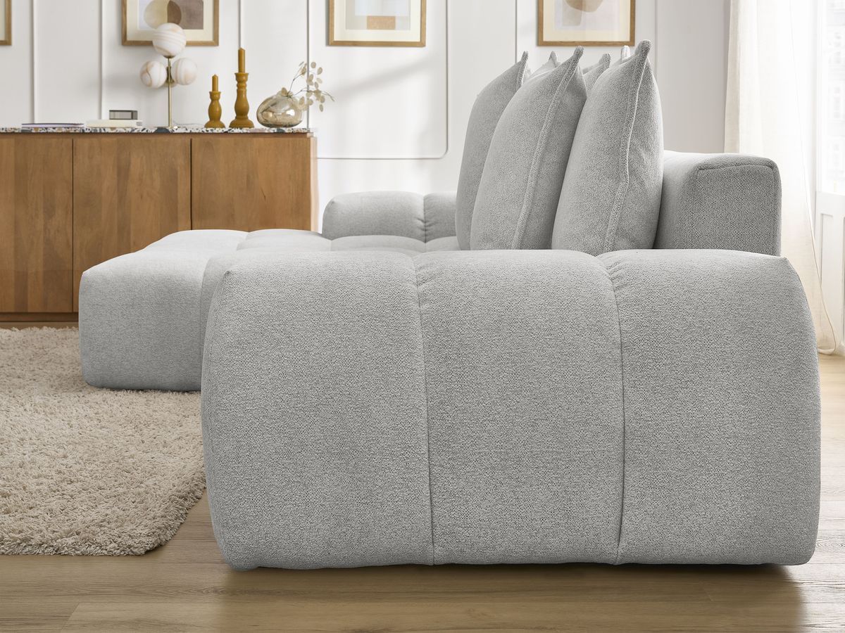 Bobochic Everest Ecksofa mit Schlaffunktion und Bettkasten 318 × 180 cm, 7 Kissen Melange-Stoff Hellgrau Ecke links