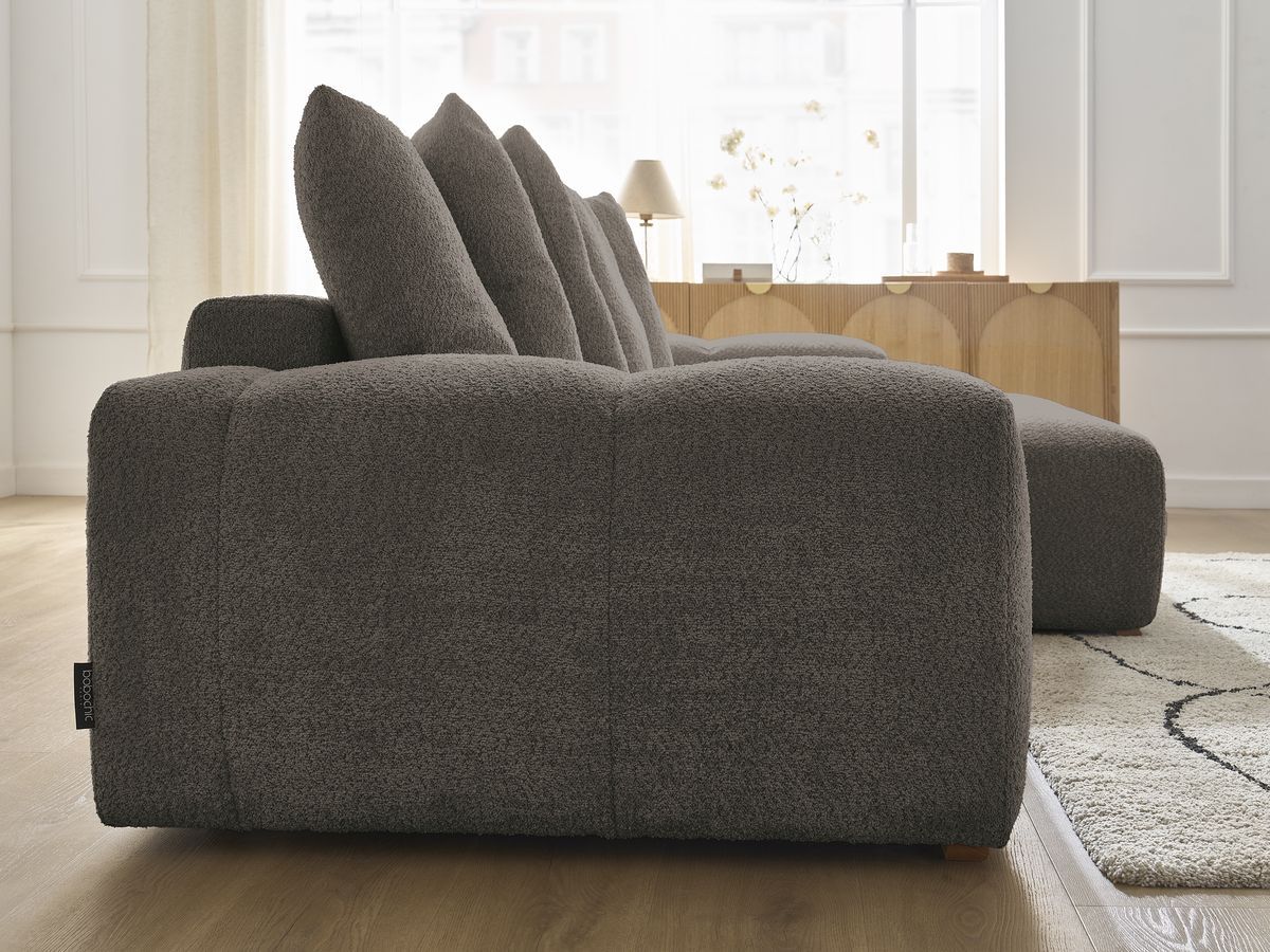 Bobochic Anakin Ecksofa mit Schlaffunktion und Bettkasten, 6 Kissen Bouclé-Stoff Braun