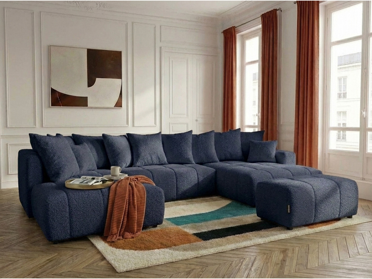 Bobochic Roxelane Wohnlandschaft mit Pouf Bouclé-Stoff Dunkelblau Ecke rechts