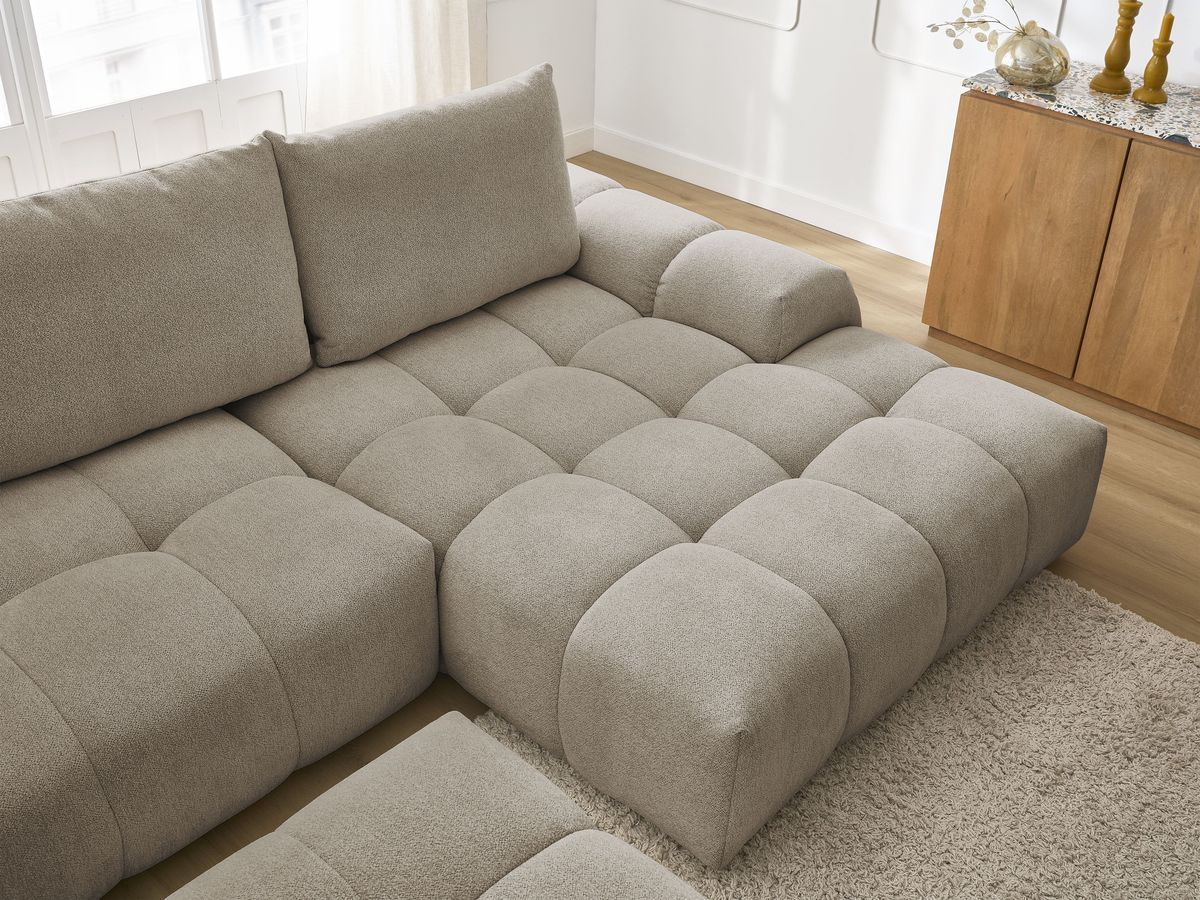Bobochic Everest Ecksofa mit Schlaffunktion und Bettkasten und Pouf 318 × 180 cm, 3 Kissen Melange-Stoff Taupe Ecke rechts