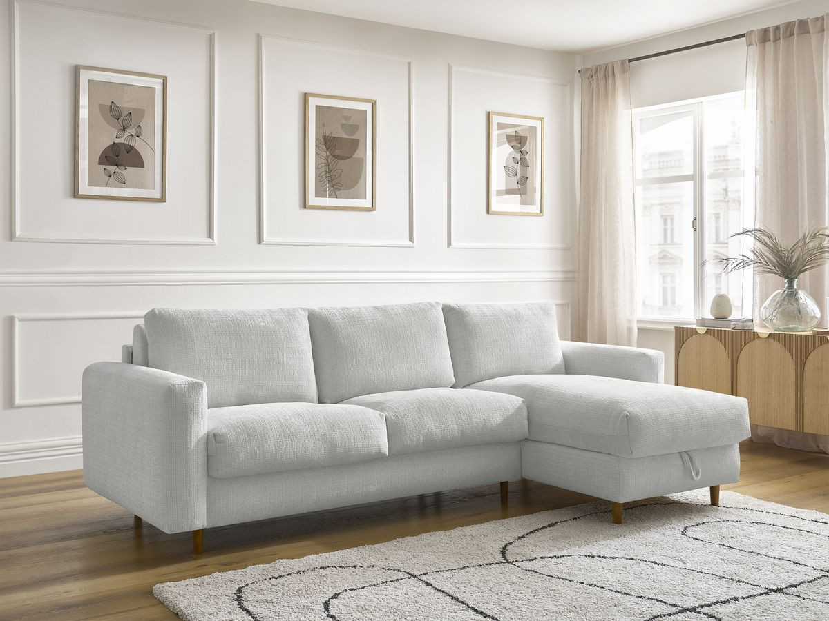 Bobochic Cocoone Ecksofa mit Schlaffunktion und Bettkasten Strukturstoff Hellgrau, Liegefläche 160 × 200 cm