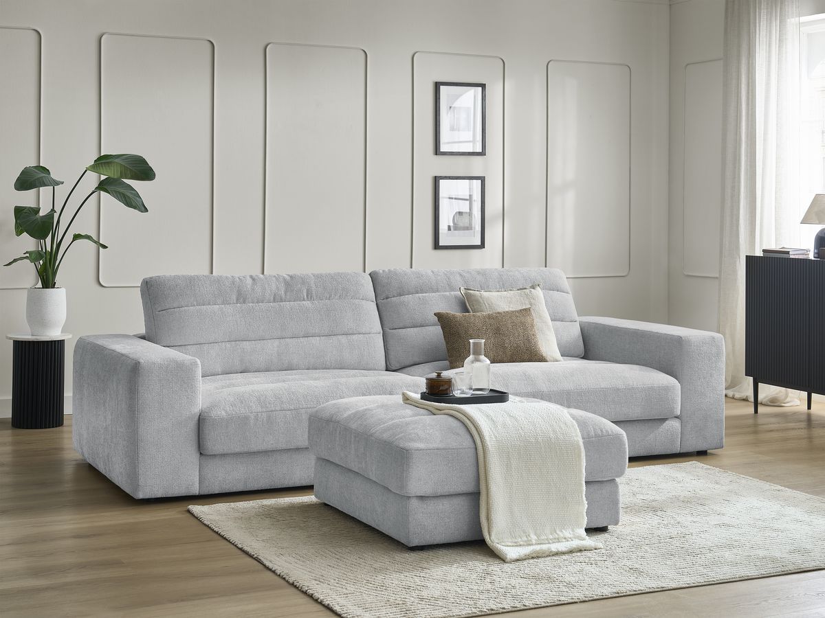 Bobochic Sierra Sofa 3-Sitzer mit Pouf Strukturstoff Hellgrau