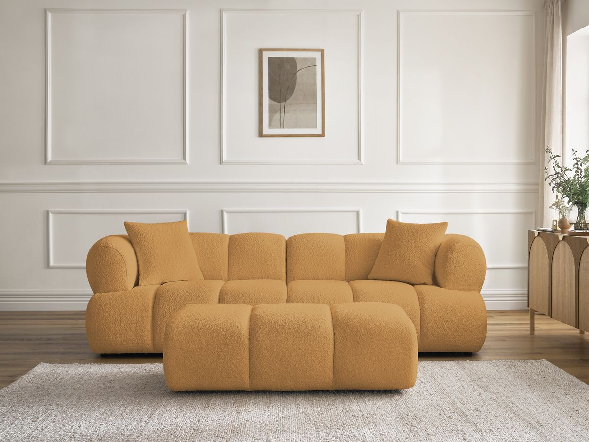 Bobochic Pamira Sofa 3-Sitzer mit Pouf Bouclé-Stoff Gelb