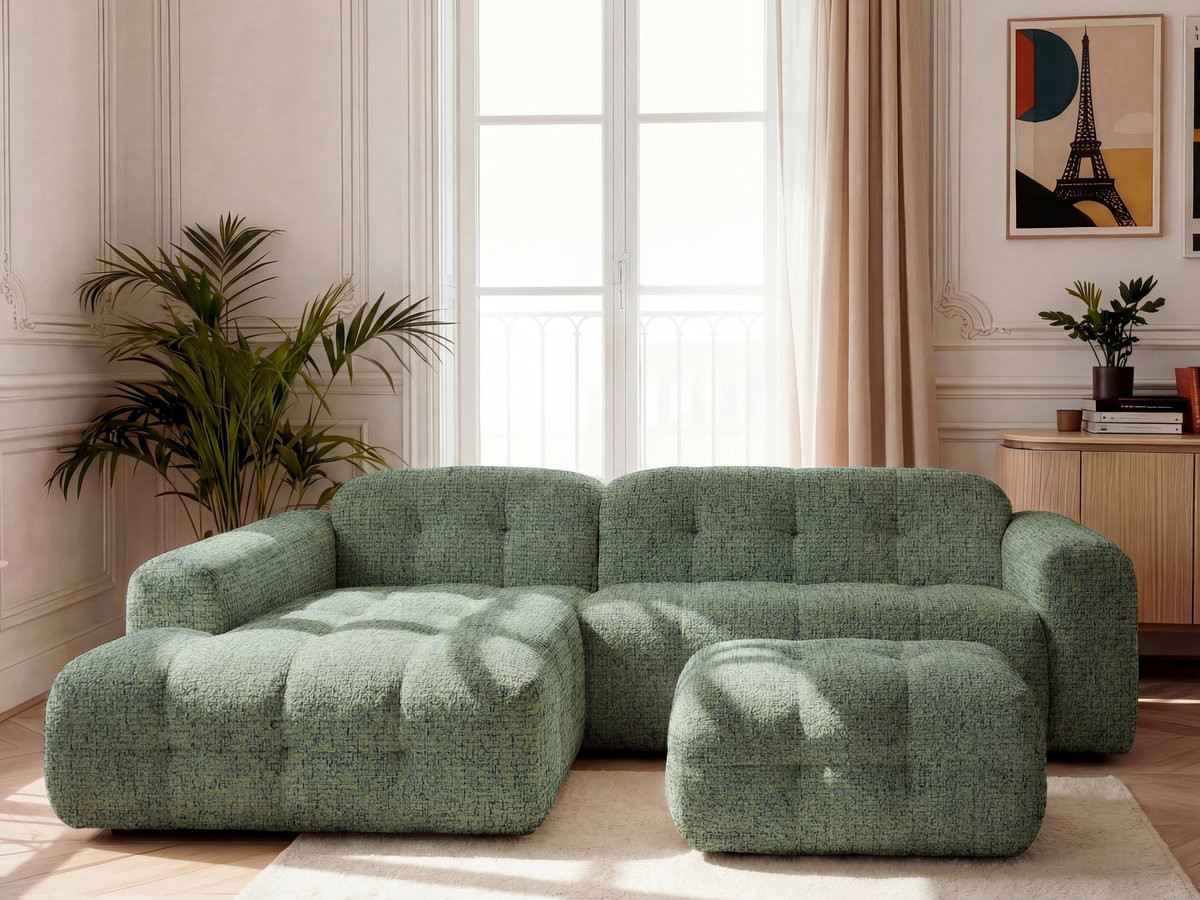 Bobochic Laura Ecksofa mit kleinem Pouf Melange-Stoff Hellgrün Ecke links