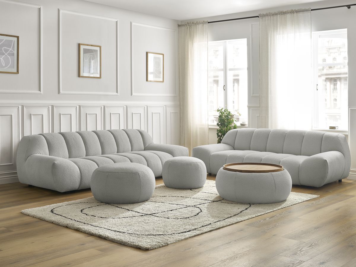 Bobochic Hayden Sofa 7-Sitzer mit Pouf Bouclé-Stoff Hellgrau