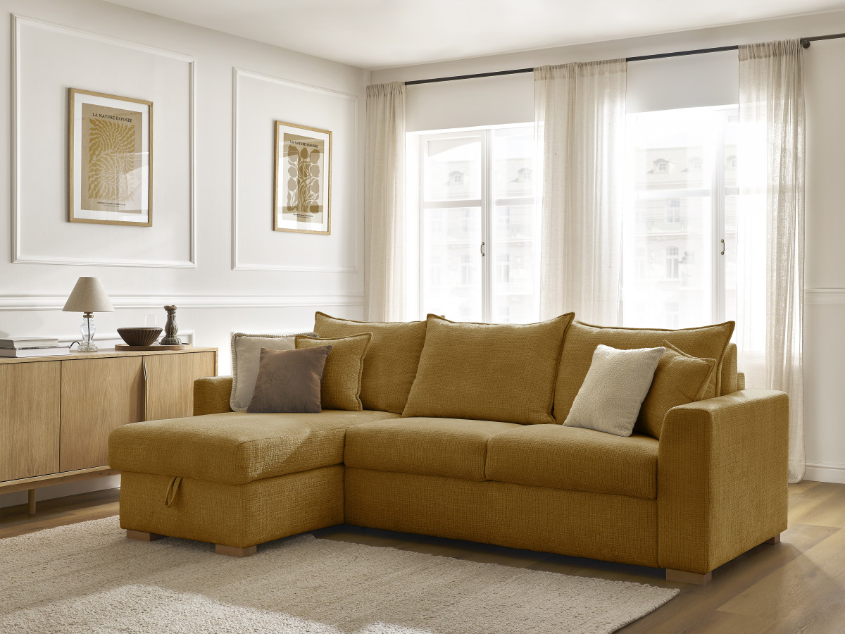 Bobochic Augustin Ecksofa mit Schlaffunktion und Bettkasten Strukturstoff Gelb, Liegefläche 140 × 200 cm