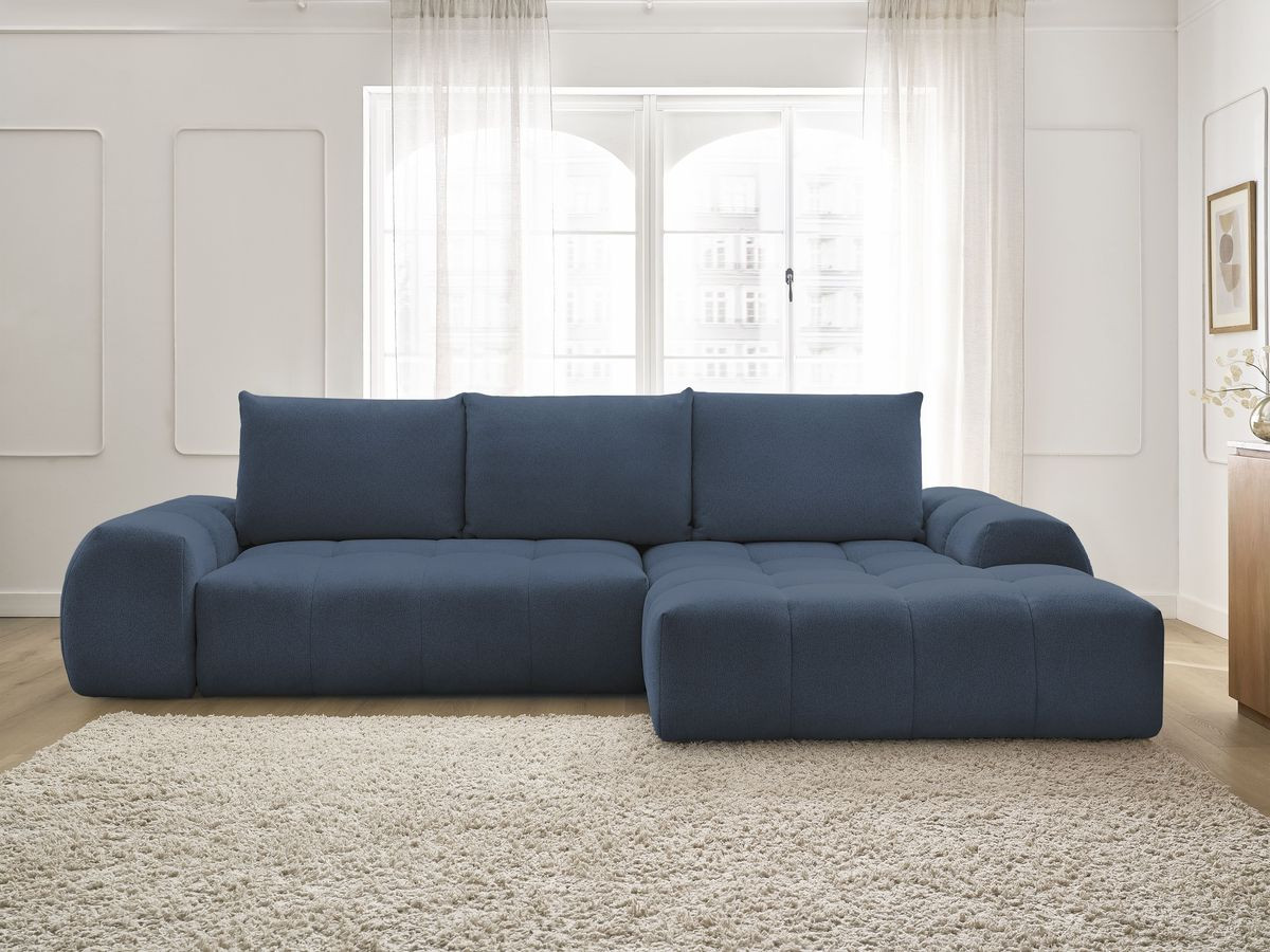 Bobochic Everest Ecksofa mit Schlaffunktion und Bettkasten 318 × 180 cm, 3 Kissen Melange-Stoff Dunkelblau Ecke rechts