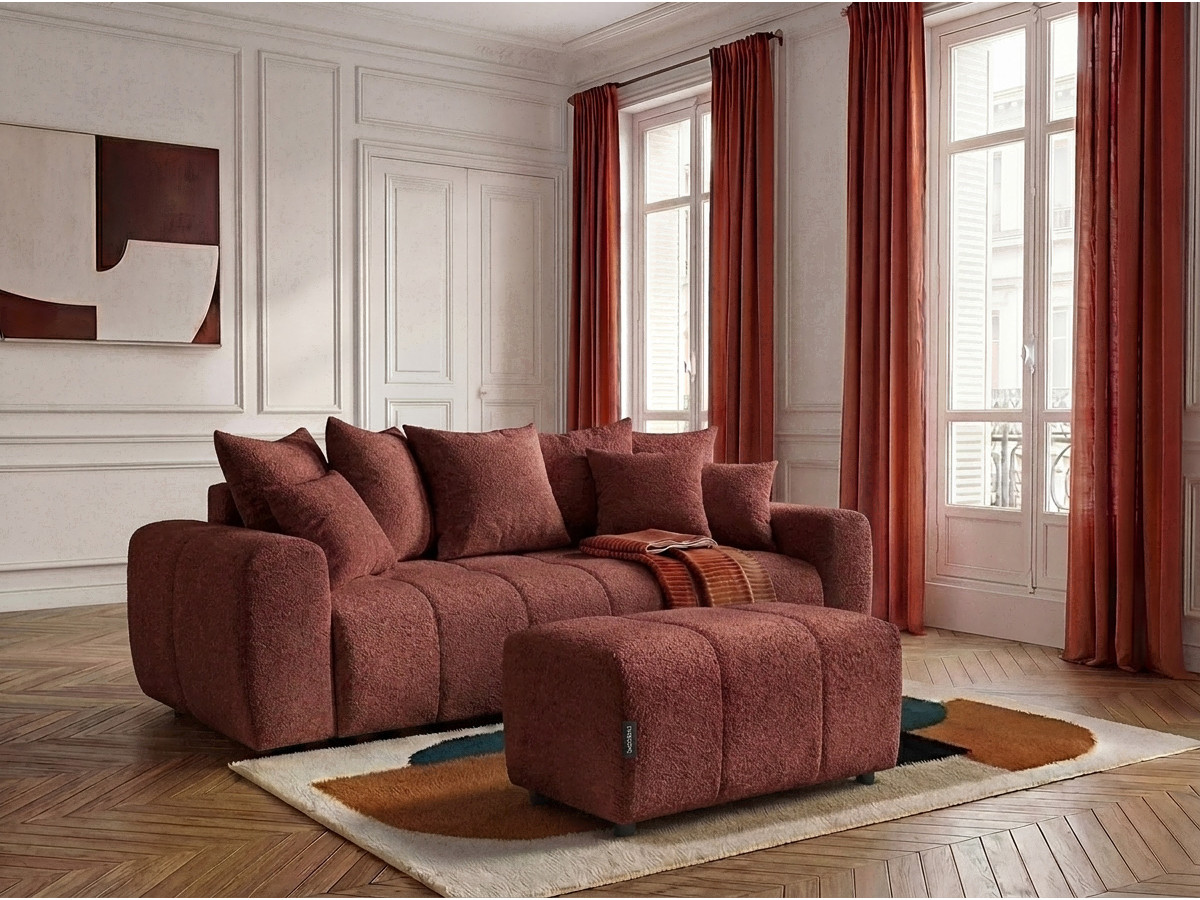 Bobochic Roxelane Schlafsofa 3-Sitzer mit Bettkasten und Pouf Bouclé-Stoff Rot