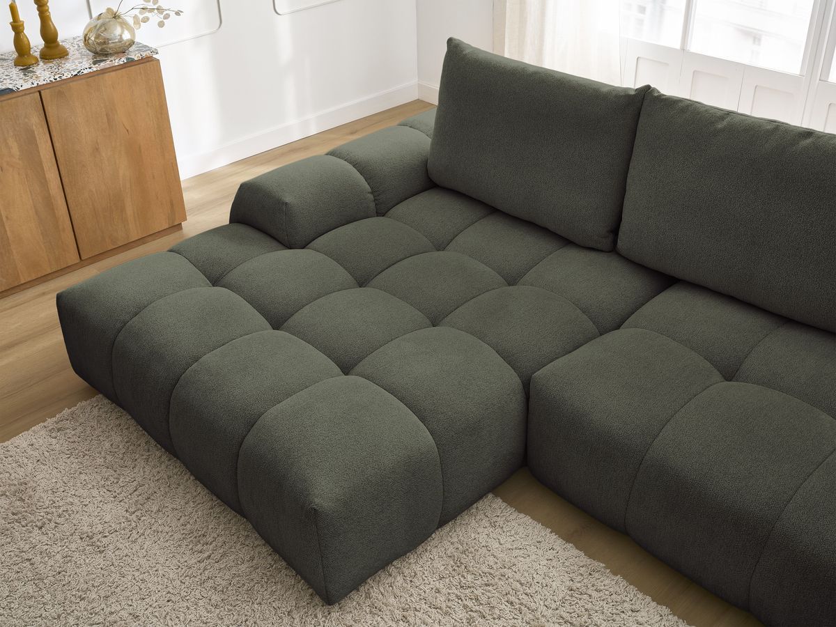 Bobochic Everest Ecksofa mit Schlaffunktion und Bettkasten 318 × 180 cm, 3 Kissen Melange-Stoff Grün Ecke links