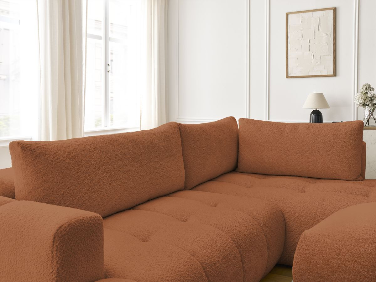 Bobochic Fuji Ecksofa mit Schlaffunktion und Bettkasten und Pouf 282 × 204 cm Bouclé-Stoff Orange Ecke rechts