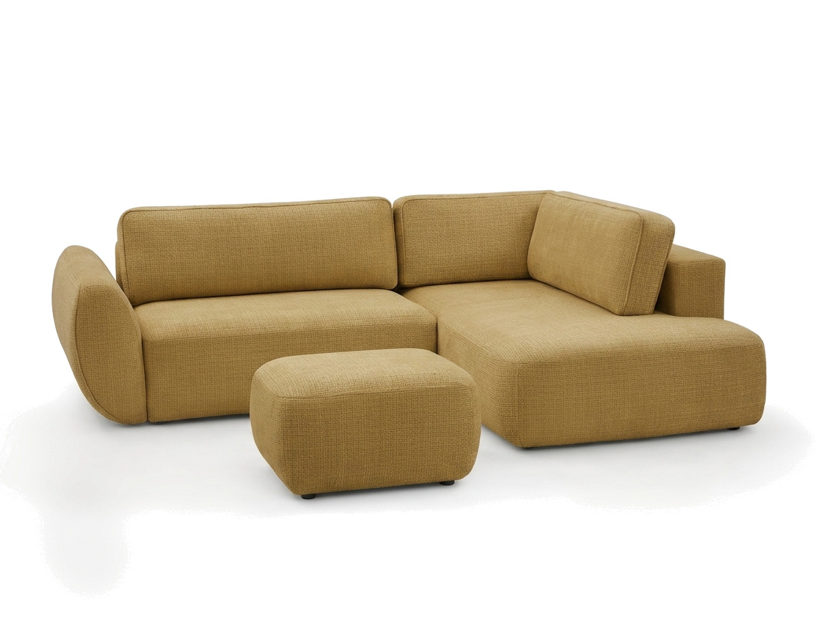Bobochic Denise Ecksofa mit Schlaffunktion und Bettkasten und Pouf 256 × 197 cm Strukturstoff Gelb Ecke rechts