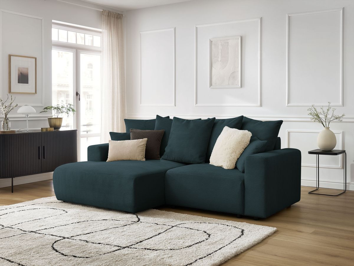 Bobochic Atilla Ecksofa mit Schlaffunktion und Bettkasten Cordsamt Dunkelblau Ecke links