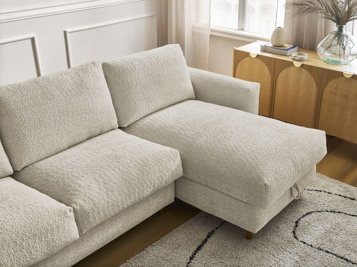Bobochic Cocoone Ecksofa mit Schlaffunktion und Bettkasten Bouclé-Stoff Beige, Liegefläche 160 × 200 cm