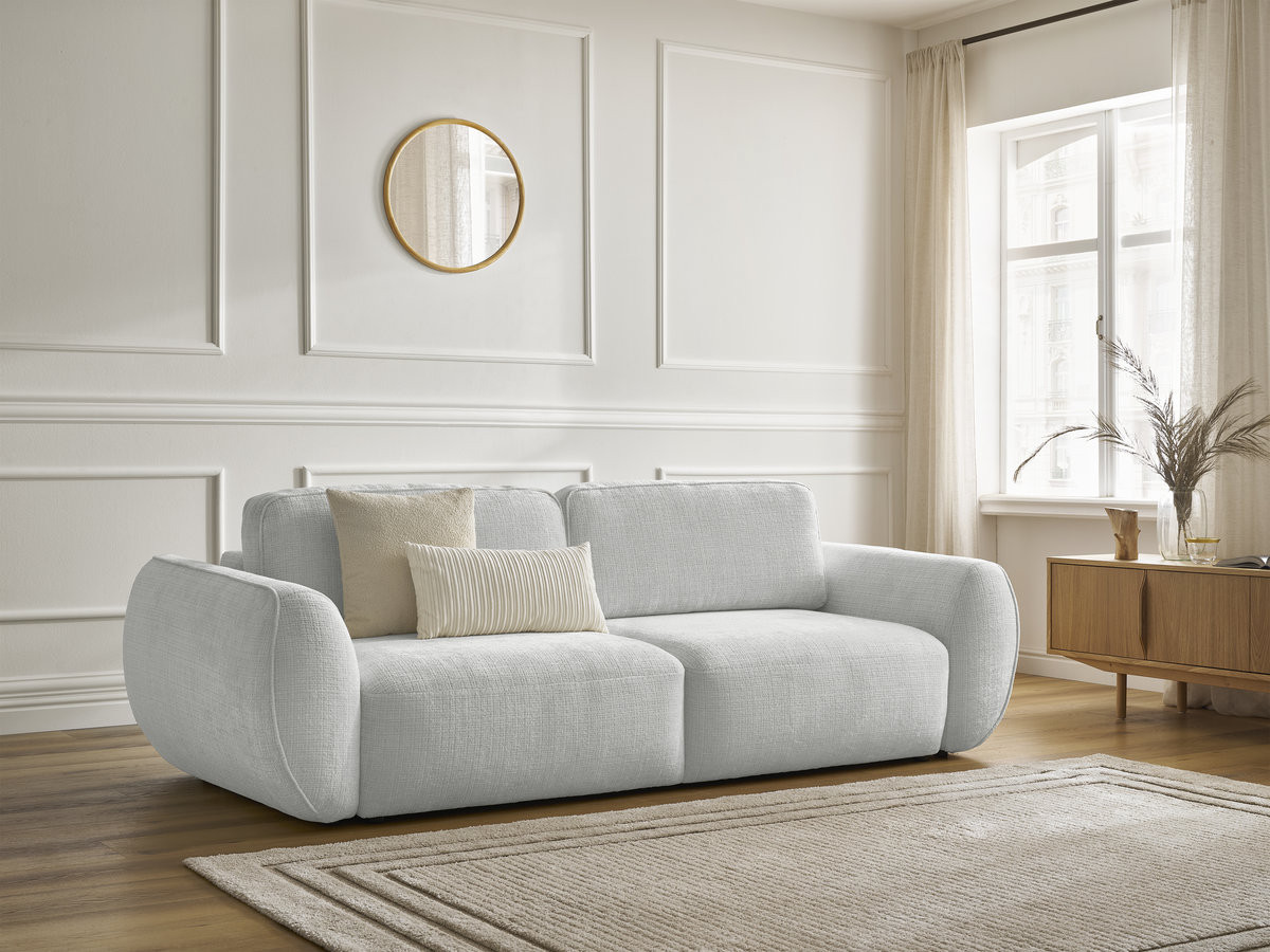 Bobochic Denise Schlafsofa 3-Sitzer mit Bettkasten Strukturstoff Hellgrau
