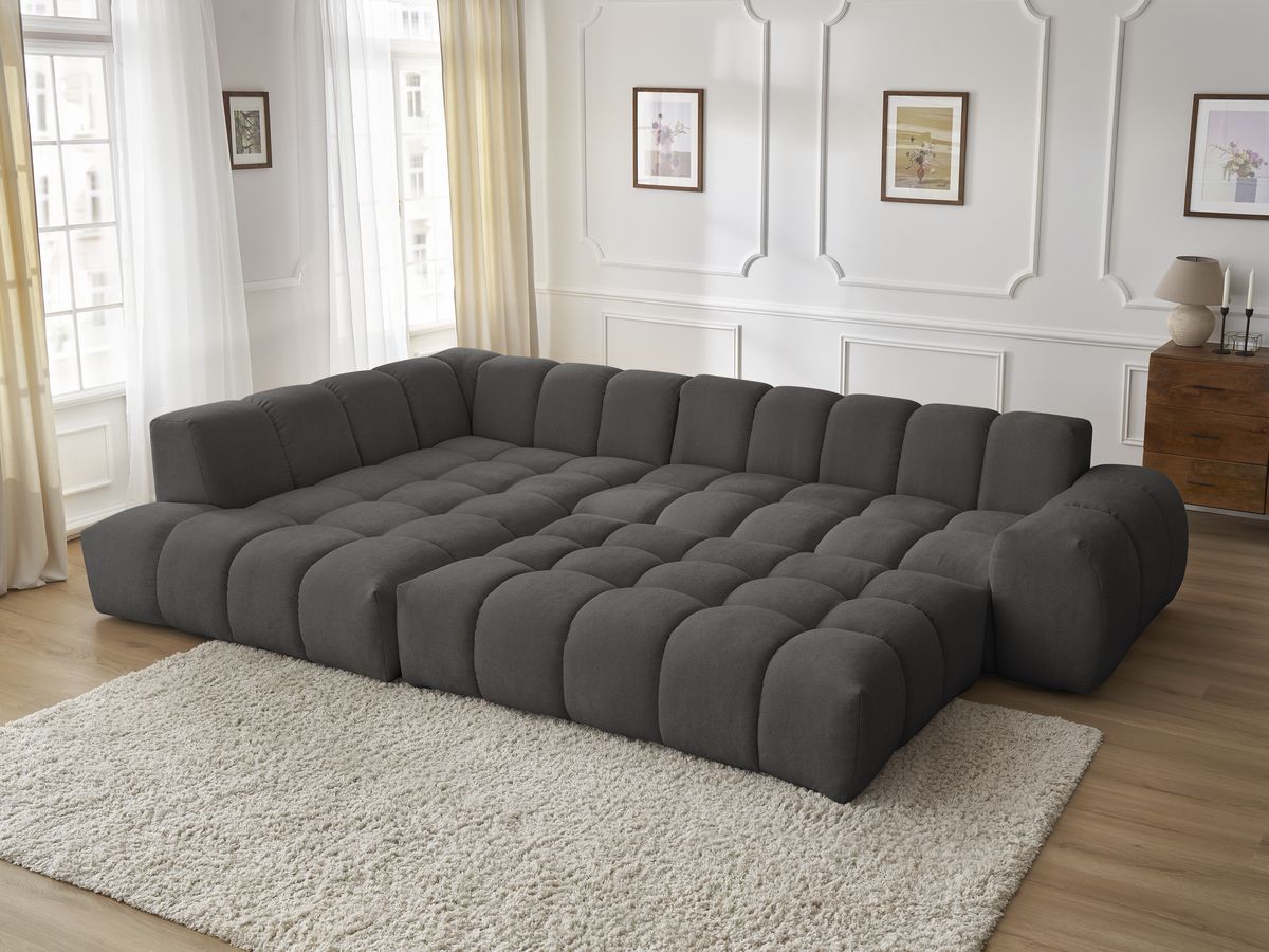 Bobochic Everest Ecksofa mit Schlaffunktion und Pouf, 10 Kissen Strukturstoff Dunkelgrau Ecke links