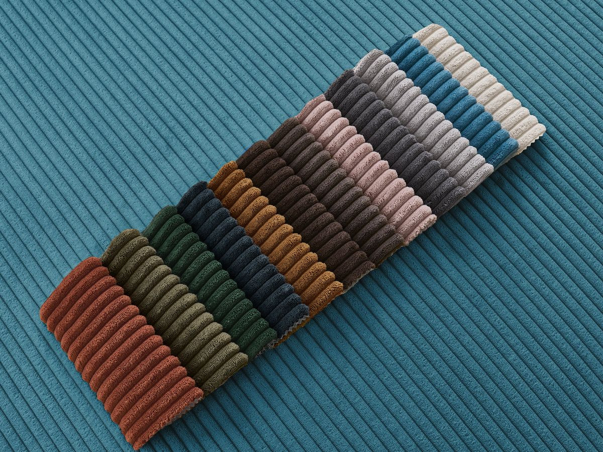 Bobochic Atilla Ecksofa mit Schlaffunktion und Bettkasten und Pouf Cordsamt Hellblau Ecke links